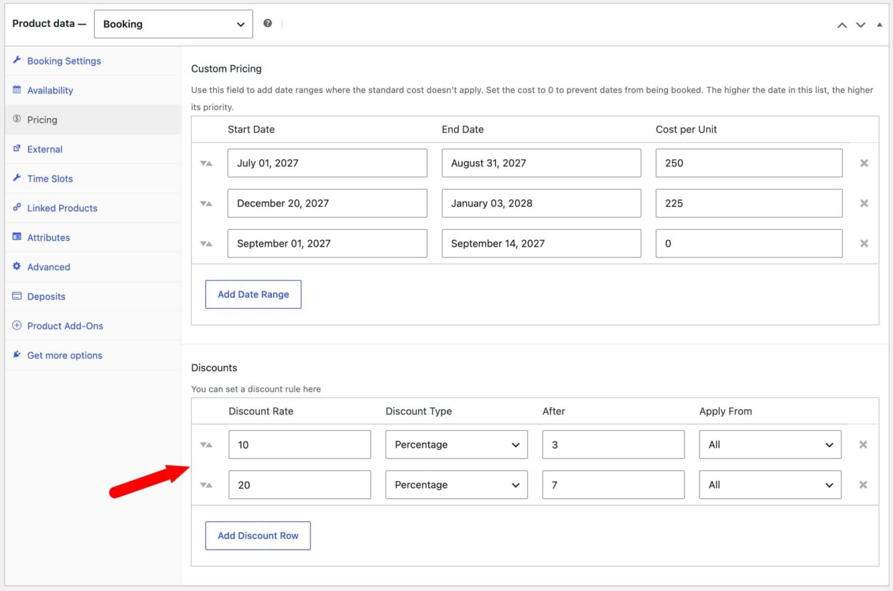 Setting for discounts in Bookings for WooCommerce