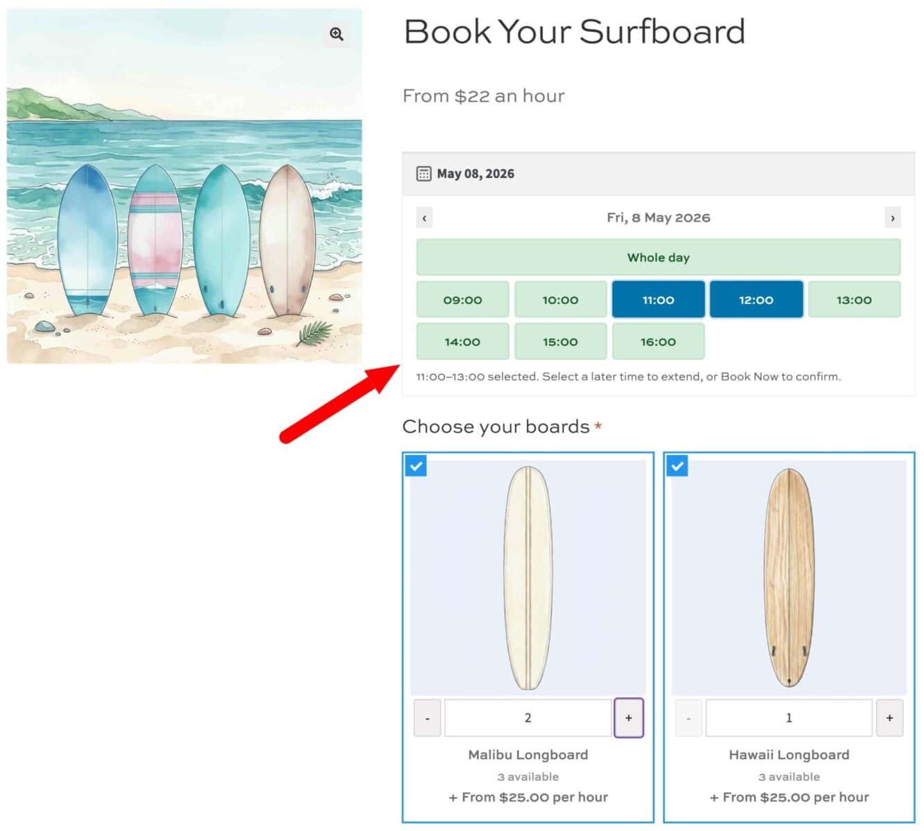 WooCommerce surfboard hire - time picker