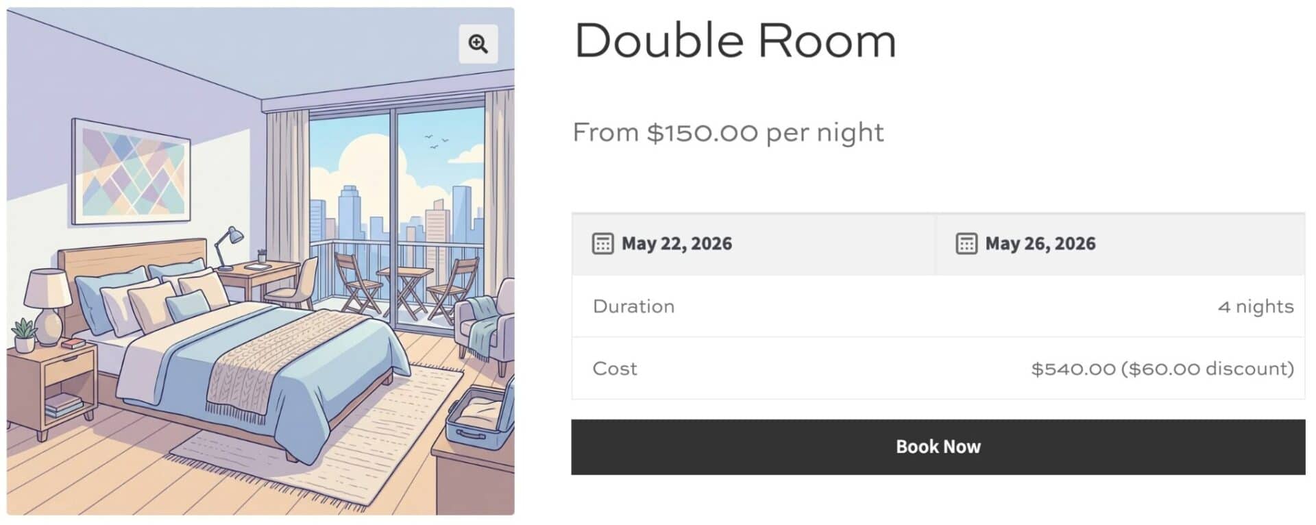 Example hotel room booking product in WooCommerce