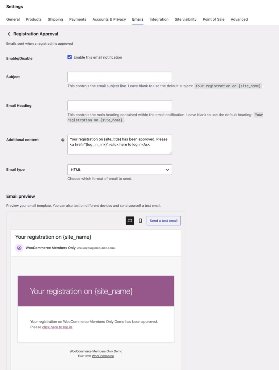 Example of configurable email in WooCommerce