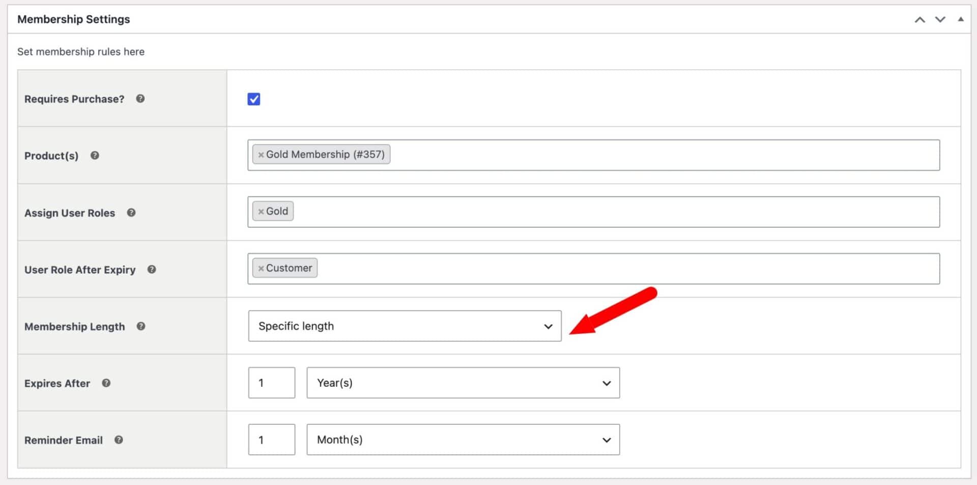 Settings for specifying membership length