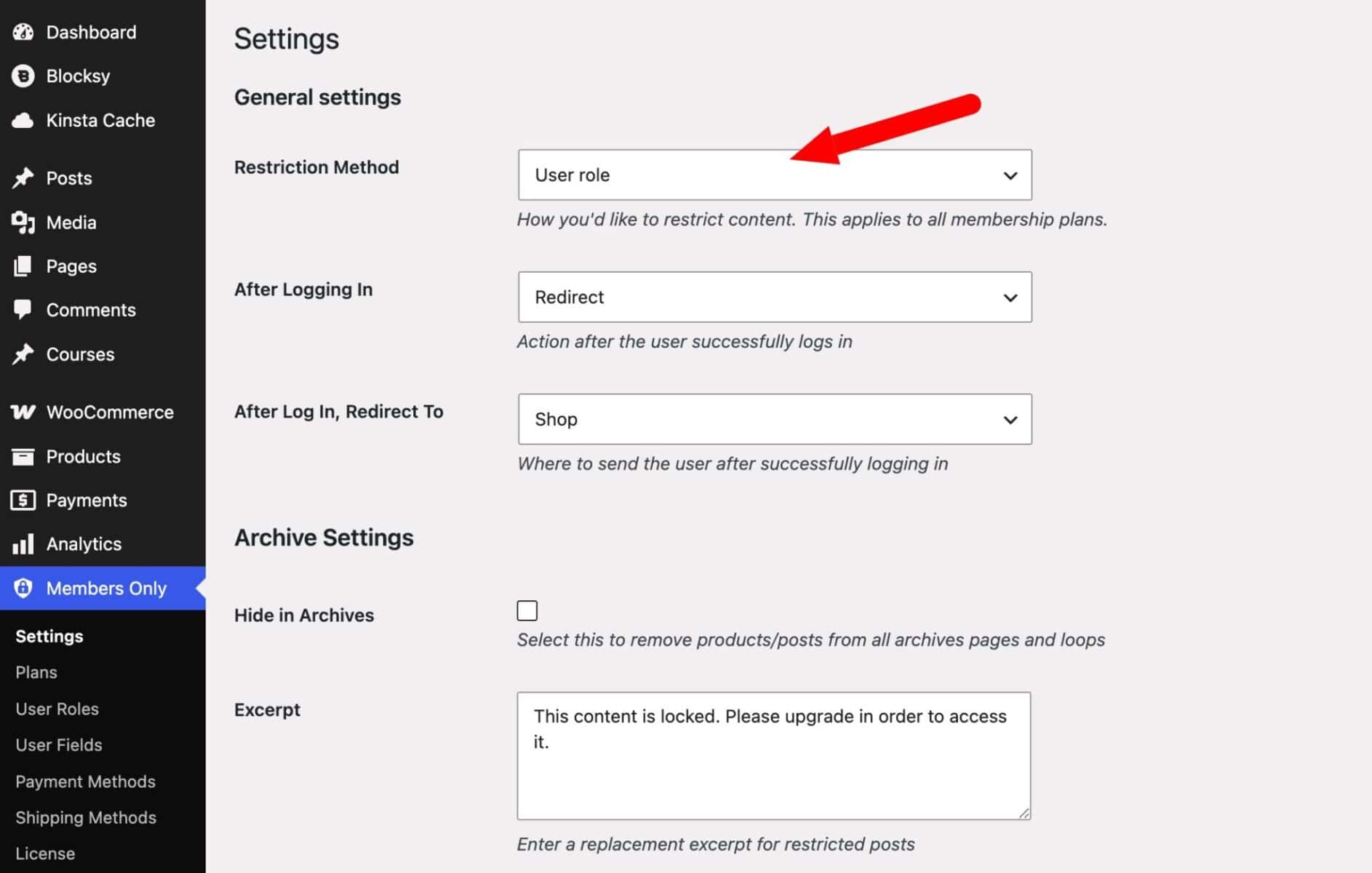 Settings for restricted content types