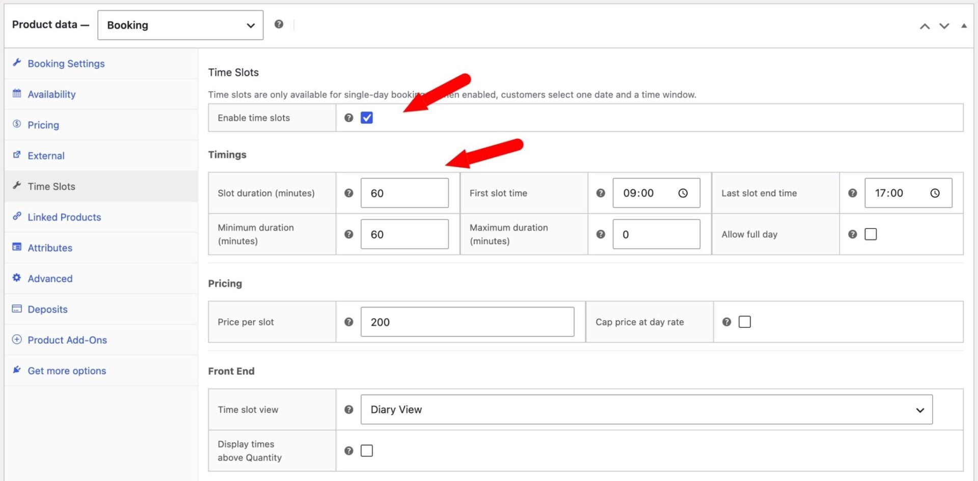 Time slots settings for a photography session booking product