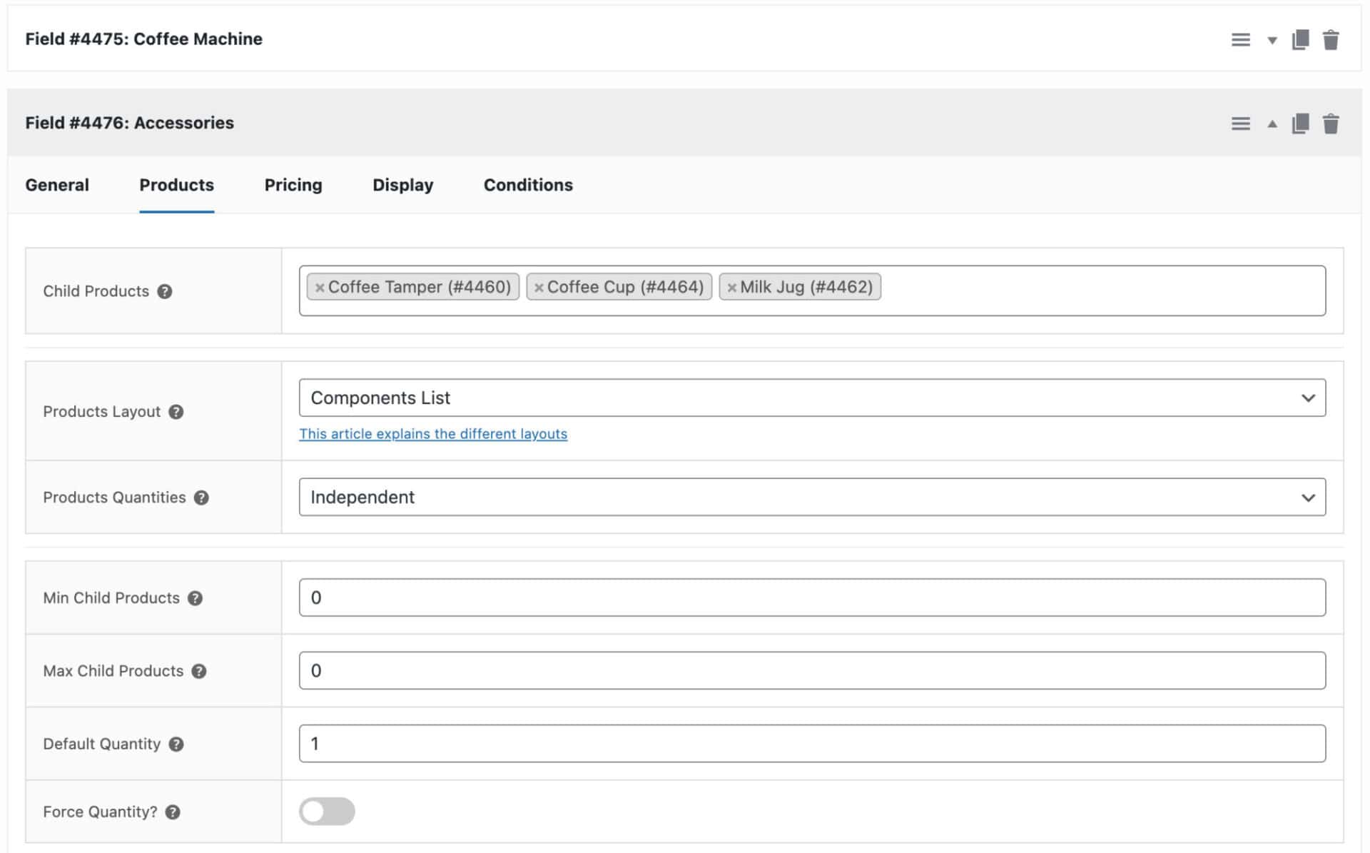 Products tab settings for the Accessories field