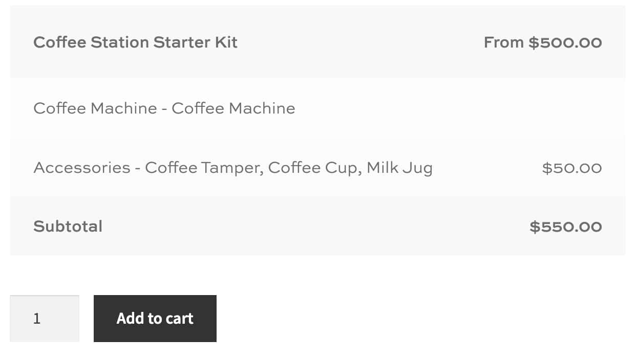 Summary panel showing itemized selection in product bundles