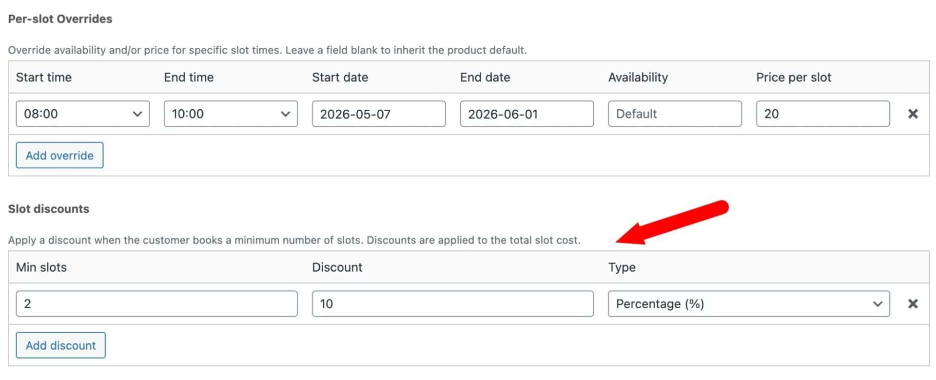 Time slot discounts - e.g. book for two hours and get 10% off