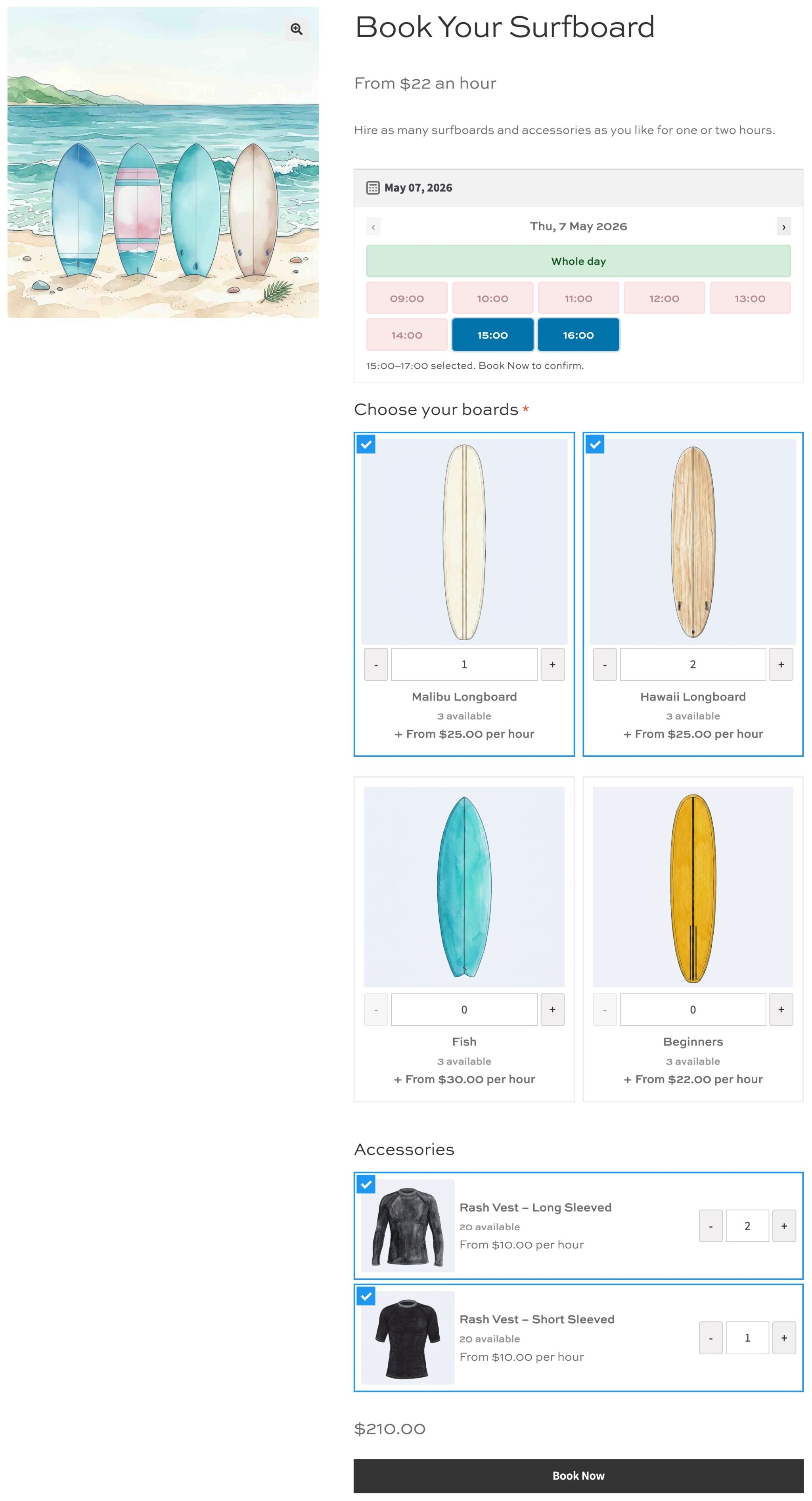 WooCommerce surfboard hire - product page