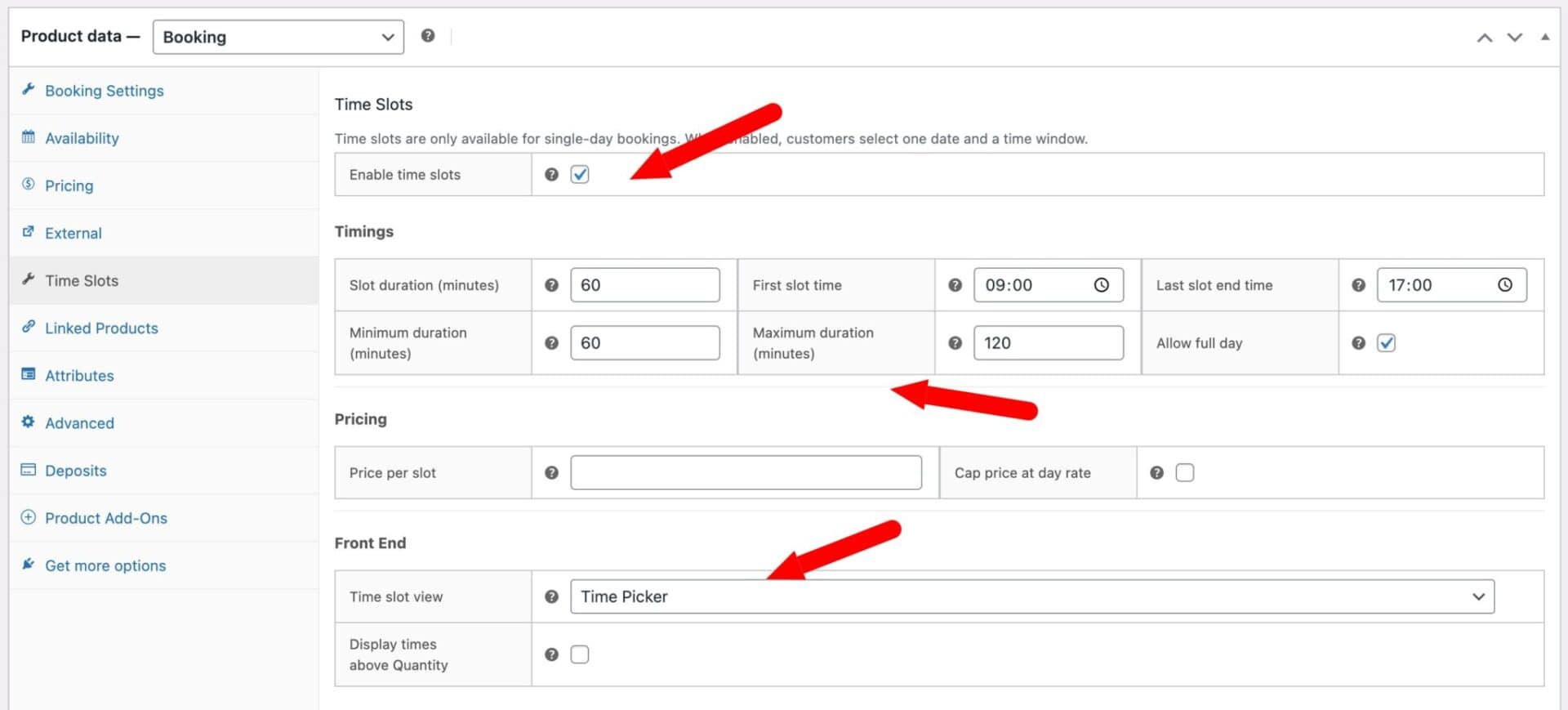 Time slot settings for the main bookable product