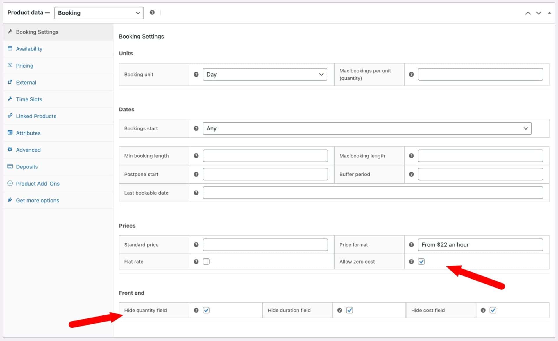 Settings for the main booking product page
