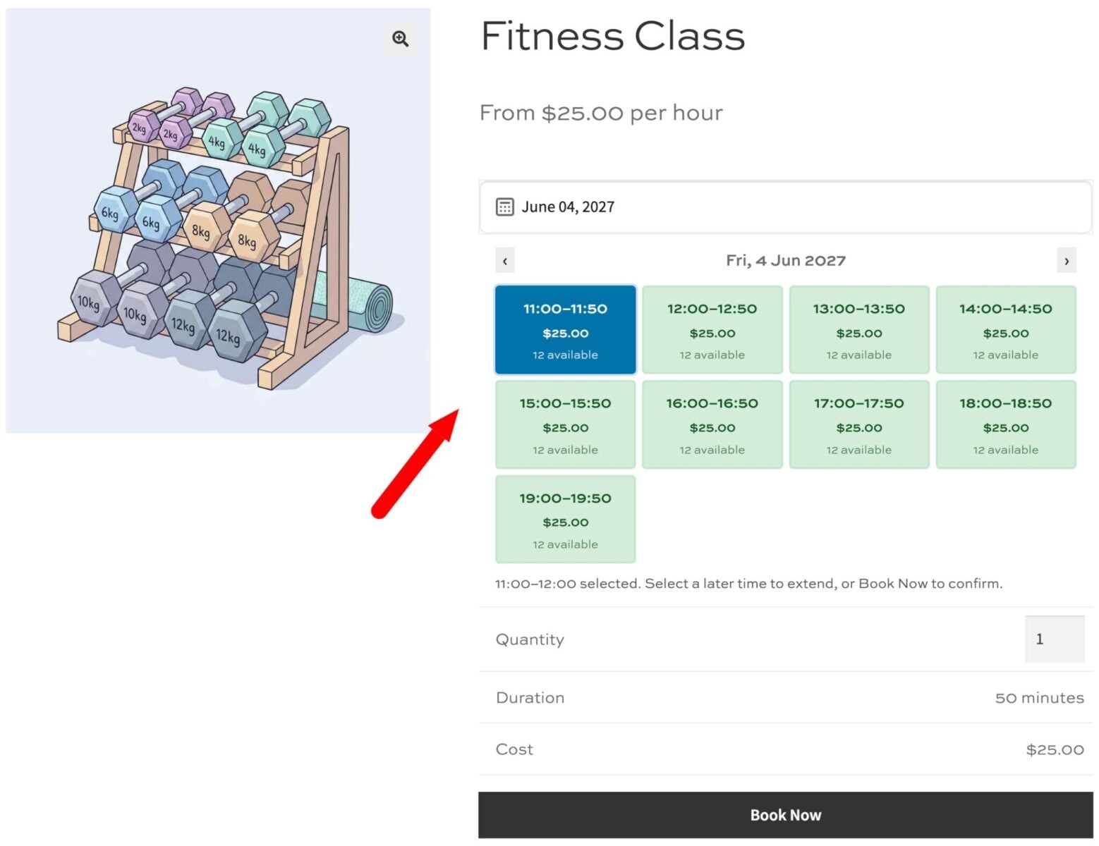 Time picker for selecting fitness session in WooCommerce