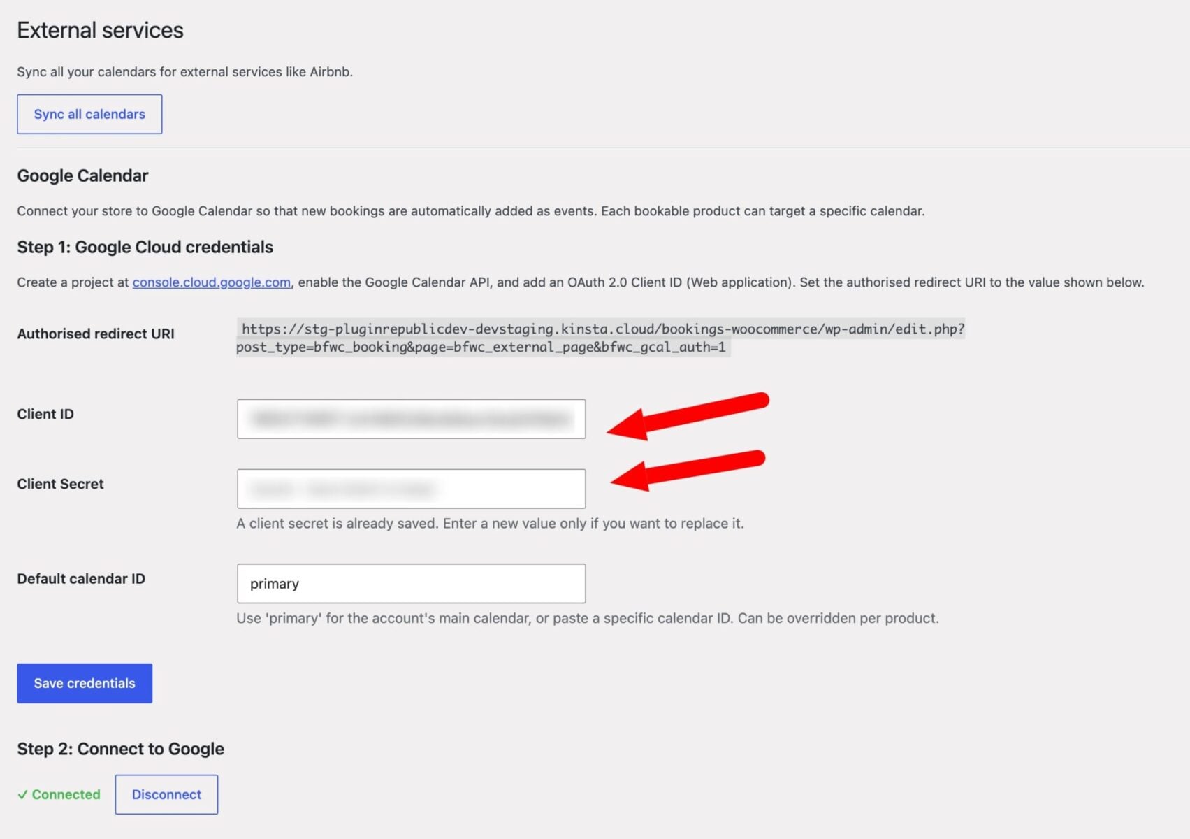 Client ID and client secret key settings in Bookings for WooCommerce