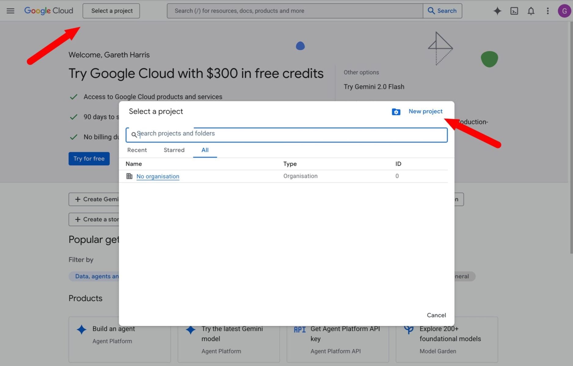 Google Cloud new project settings
