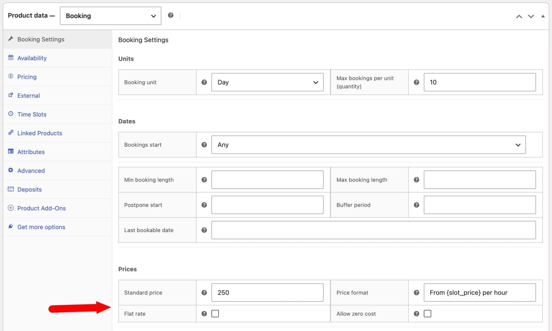 Bookings for WooCommerce price settings