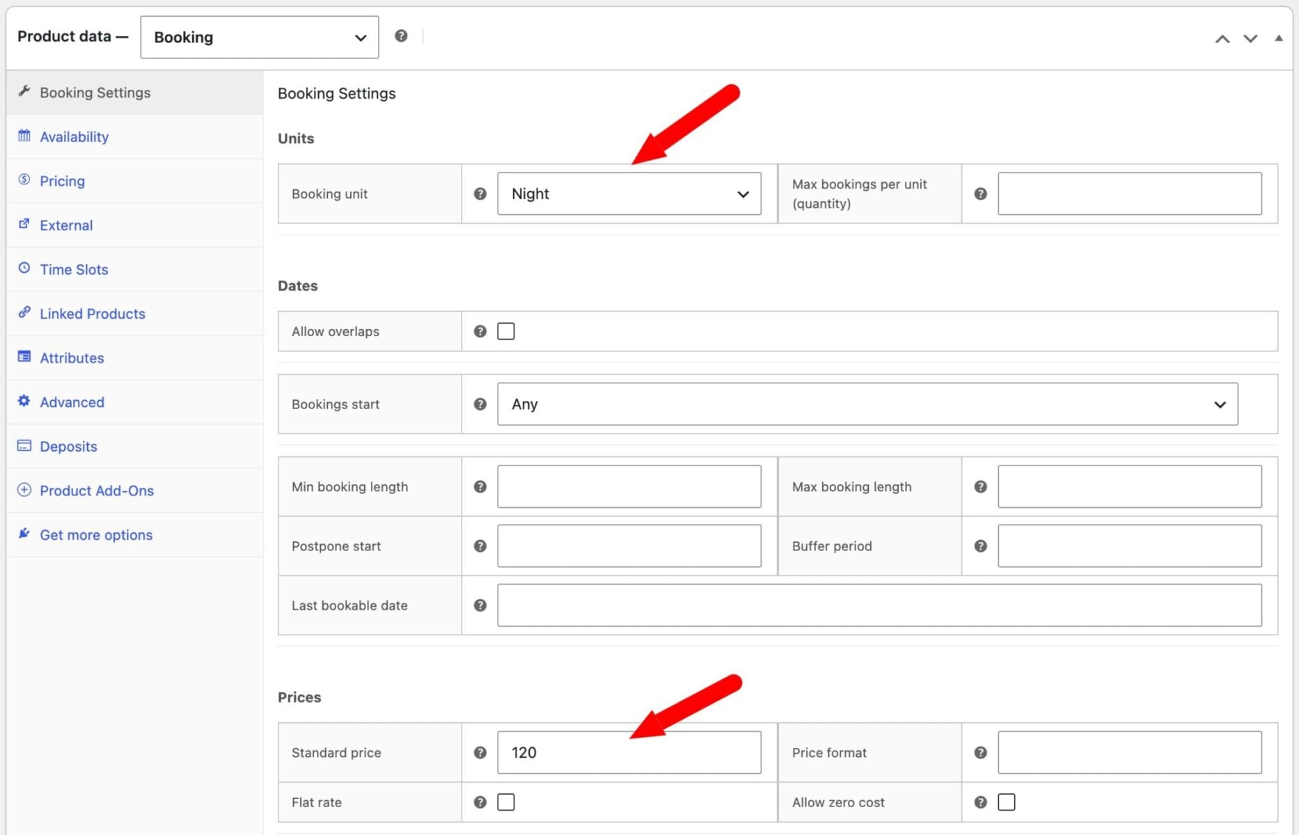 Example settings for booking price per night