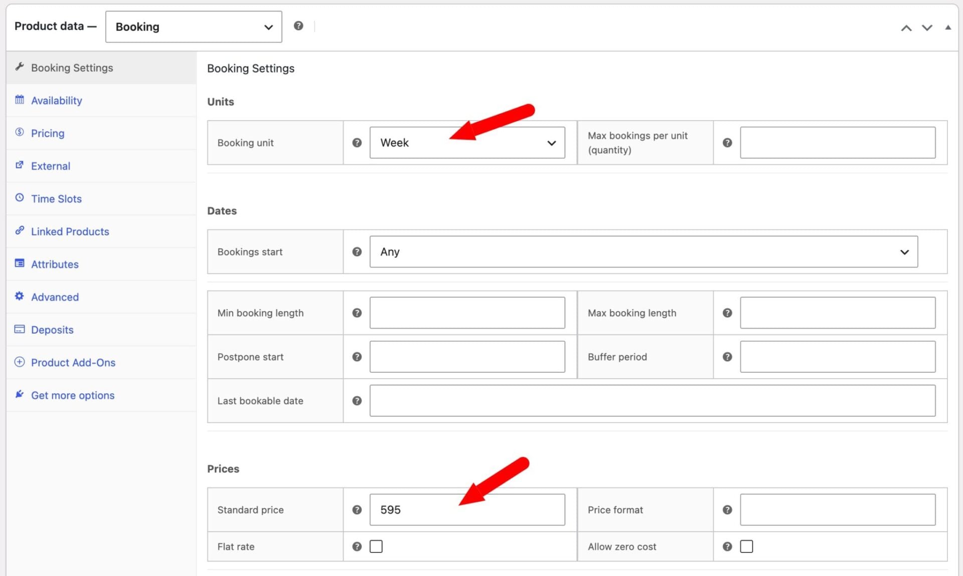 Example settings for booking price per week