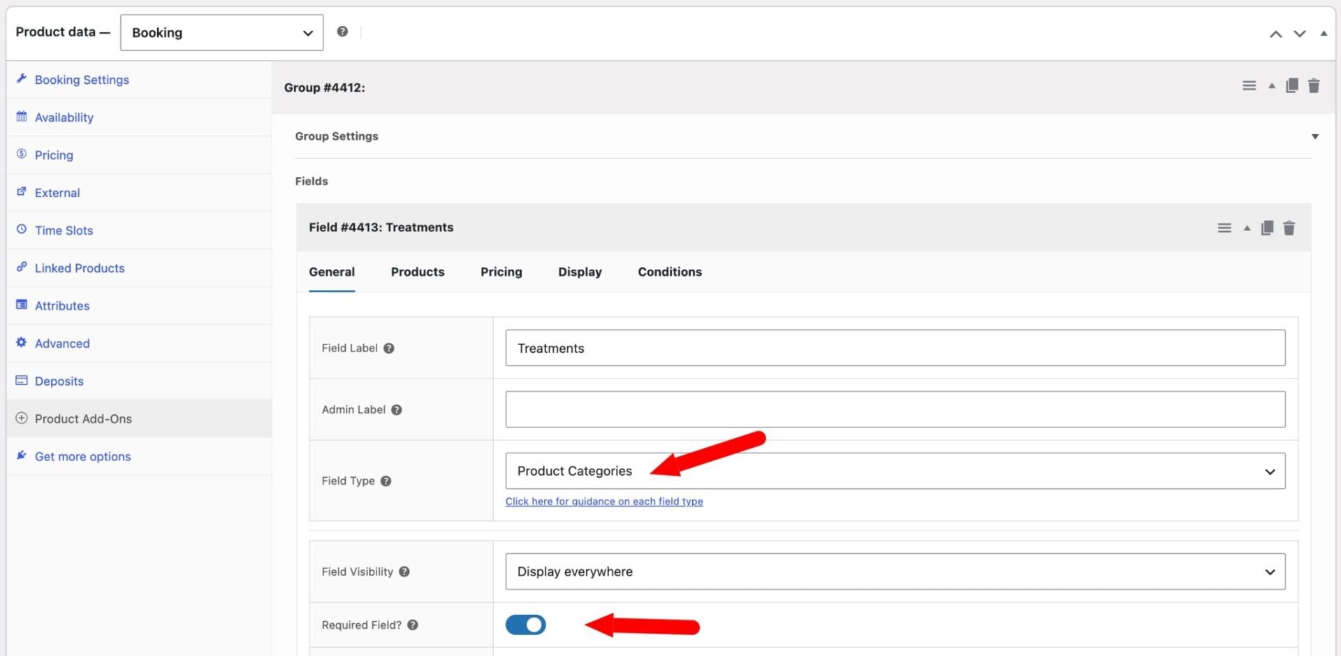 Child products settings for treatment bookings