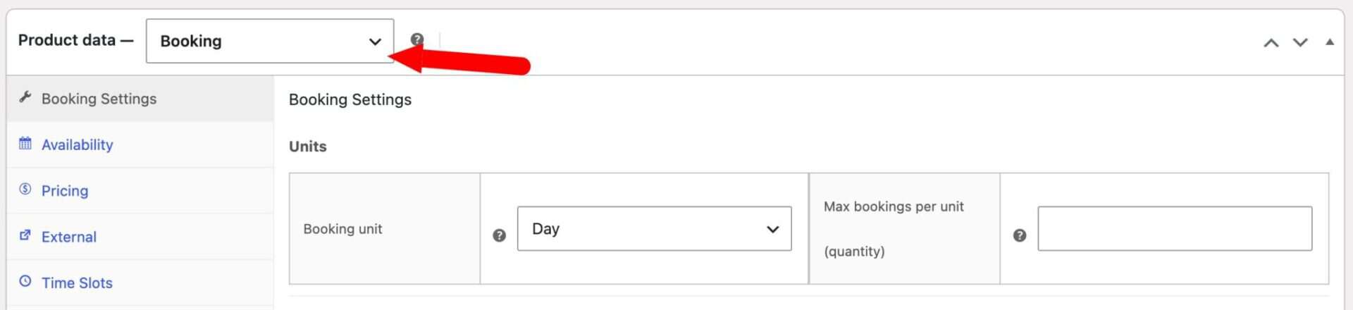 Booking setting in WooCommerce product data