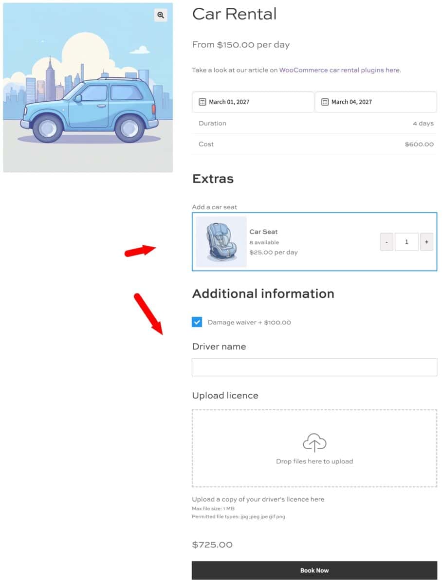 WooCommerce bookable product with add-on fields