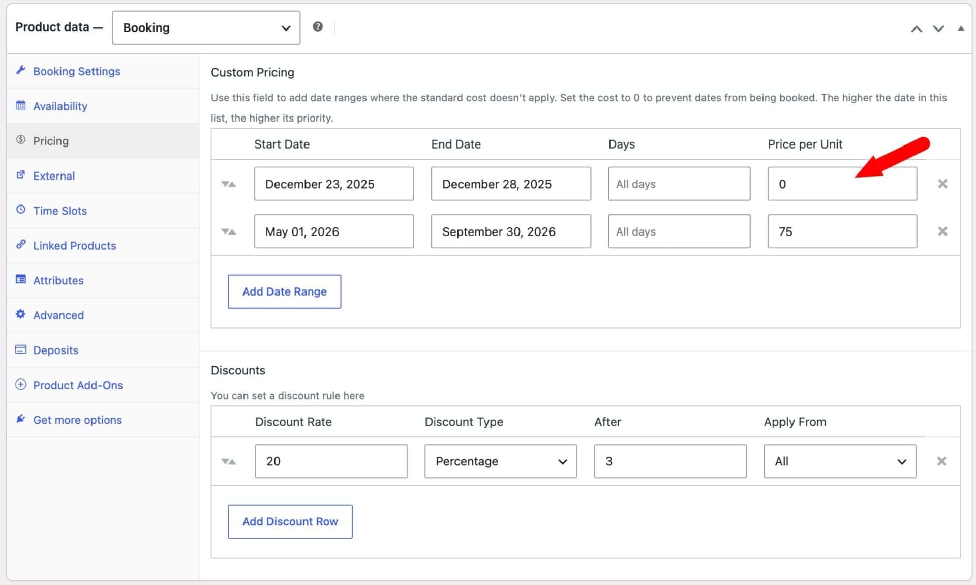 Block out bookable days and dates