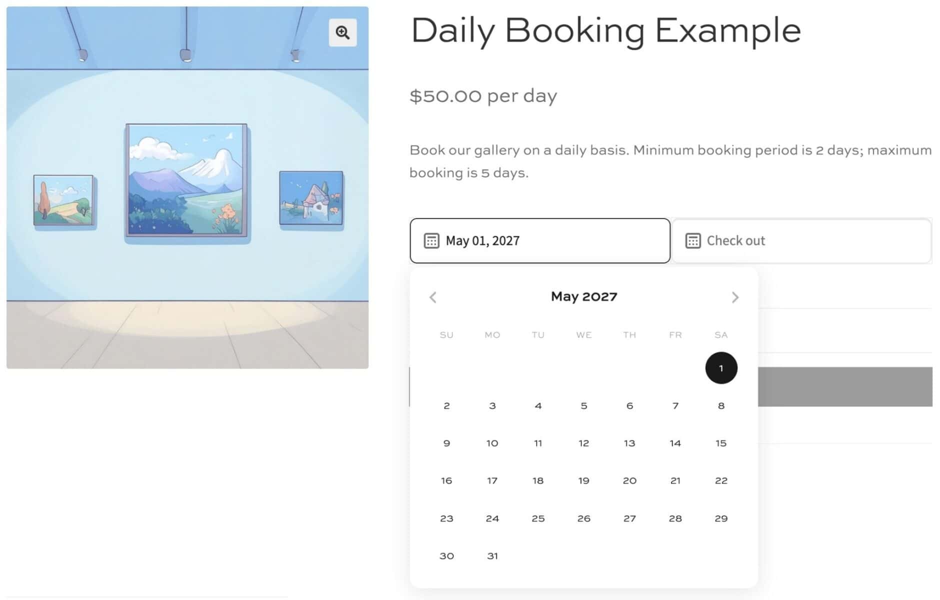 WooCommerce bookable product - daily booking example