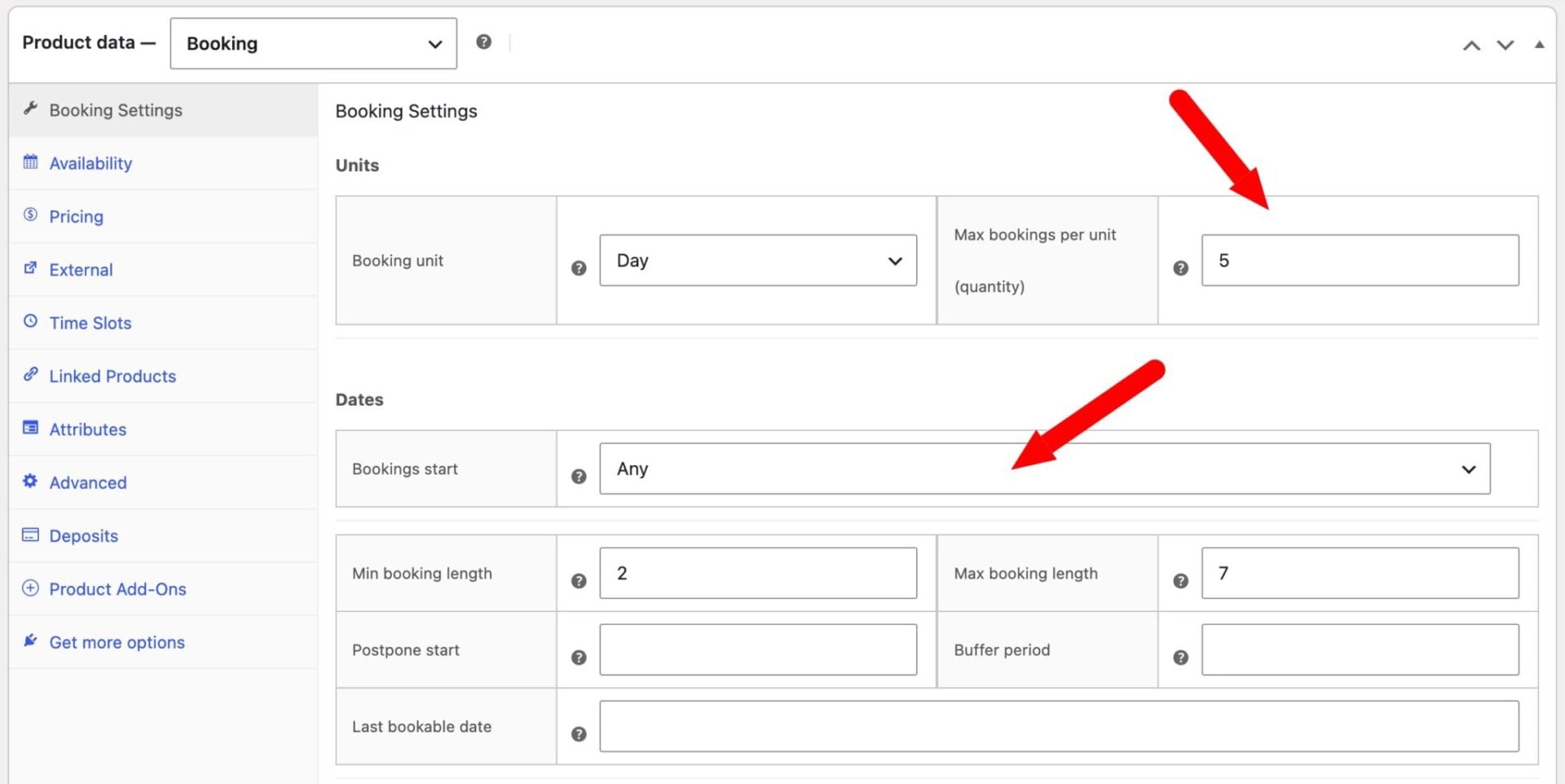 Dates settings for WooCommerce booking product