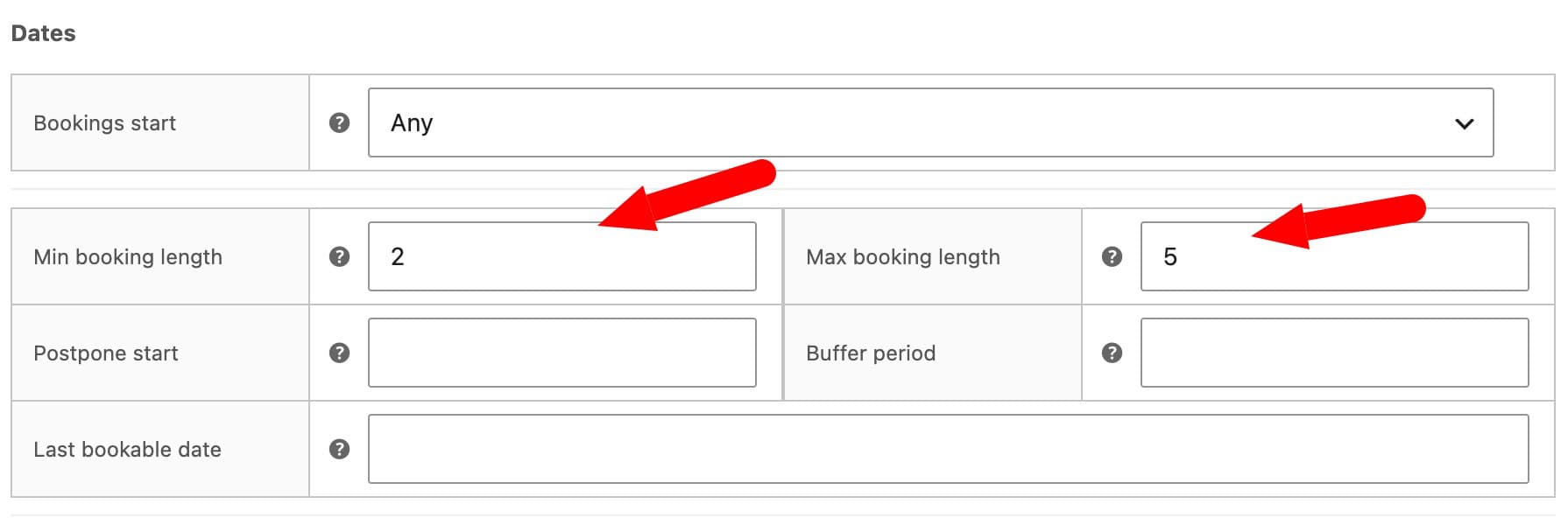 Min and max booking length settings