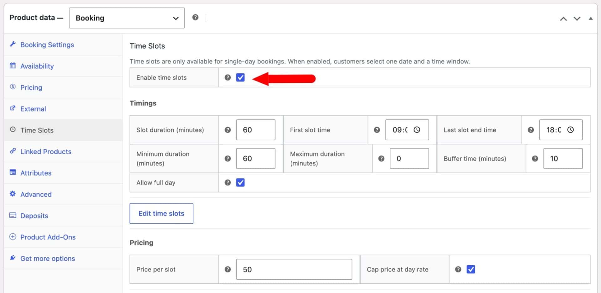 Enable time slots setting for bookable products