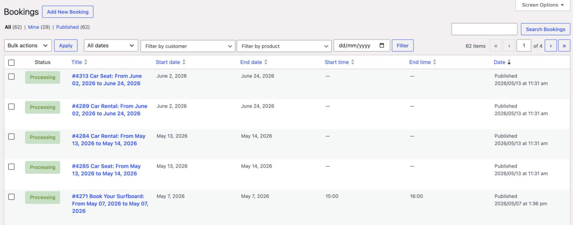 List of bookings in WooCommerce admin