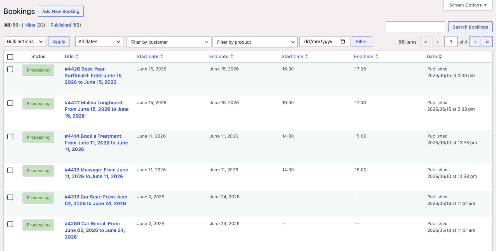 List of WooCommerce bookings