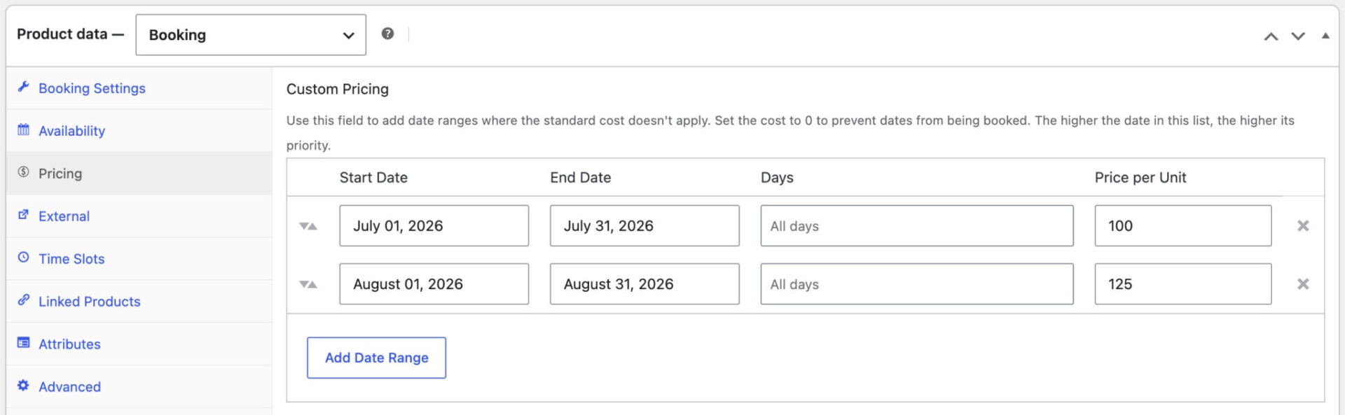 Seasonal pricing for Bookings for WooCommerce