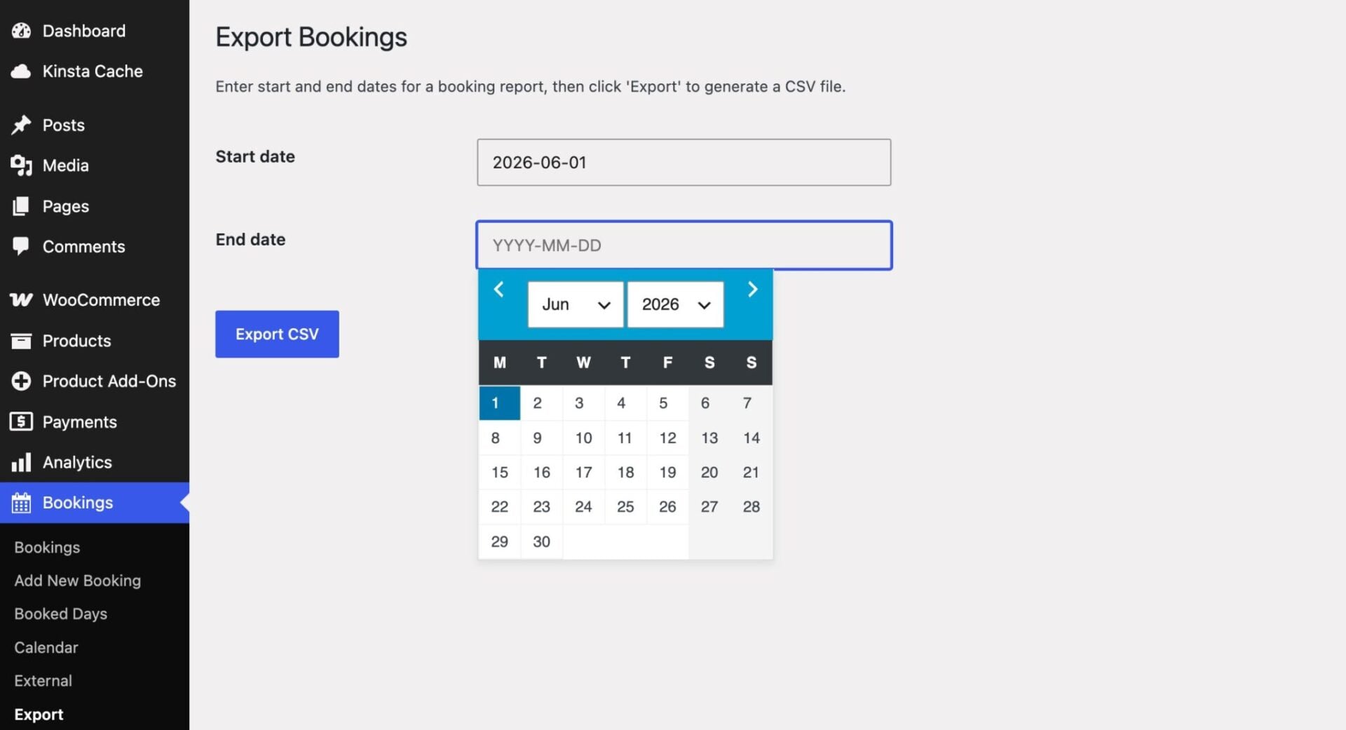 Export WooCommerce bookings to a CSV file