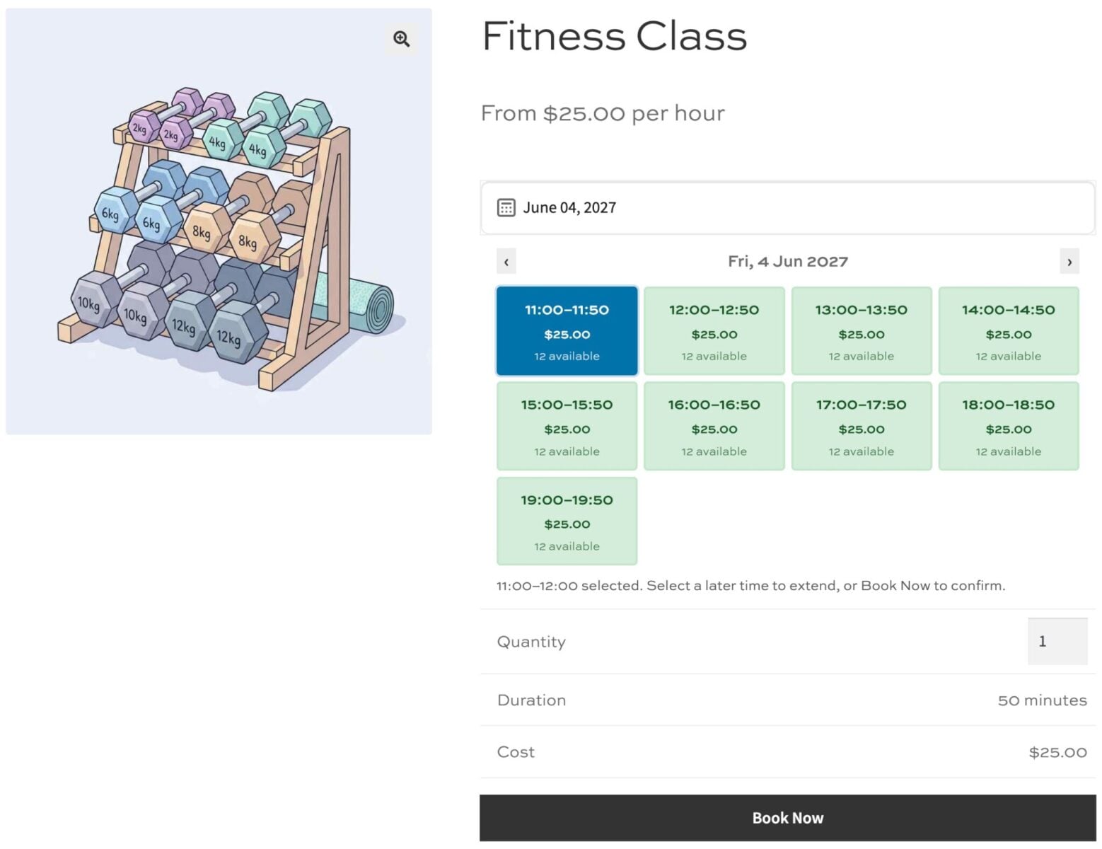 Screenshot of demo fitness class booking product in WooCommerce