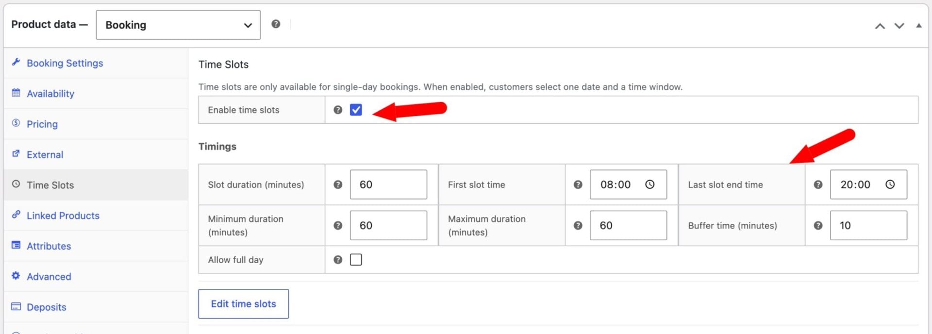 Settings for time slots for fitness sessions