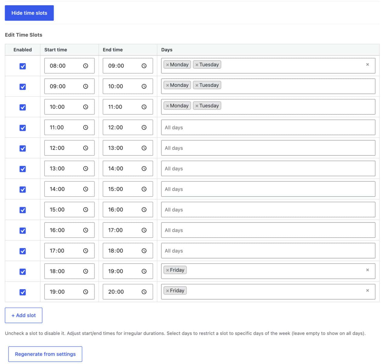Time slots enabled for specific days of the week