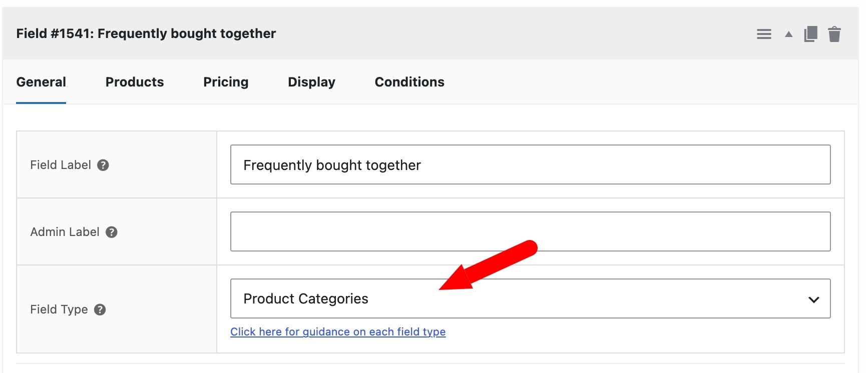 Select a field type to display frequently bought together products