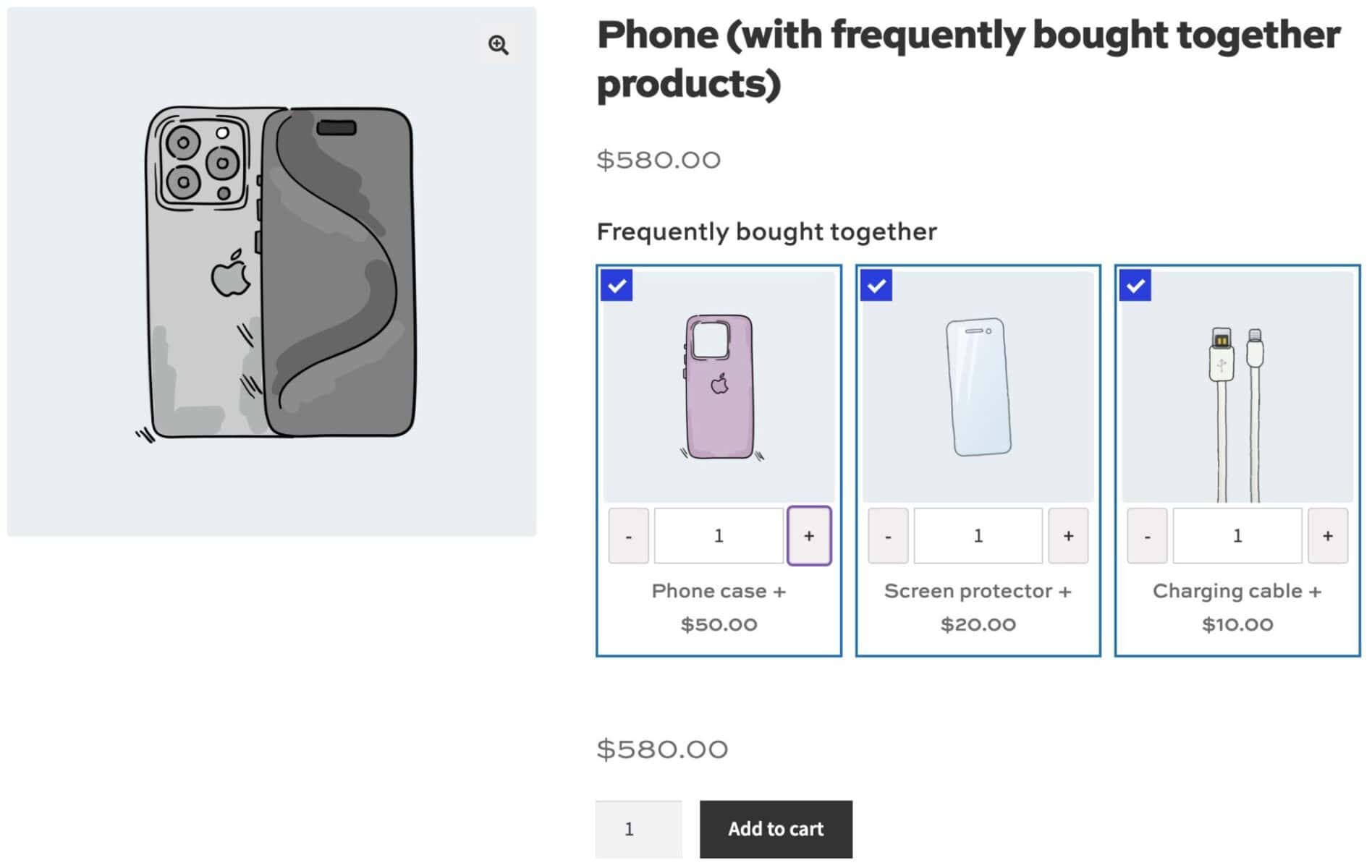 WooCommerce product page with example of frequently bought together products