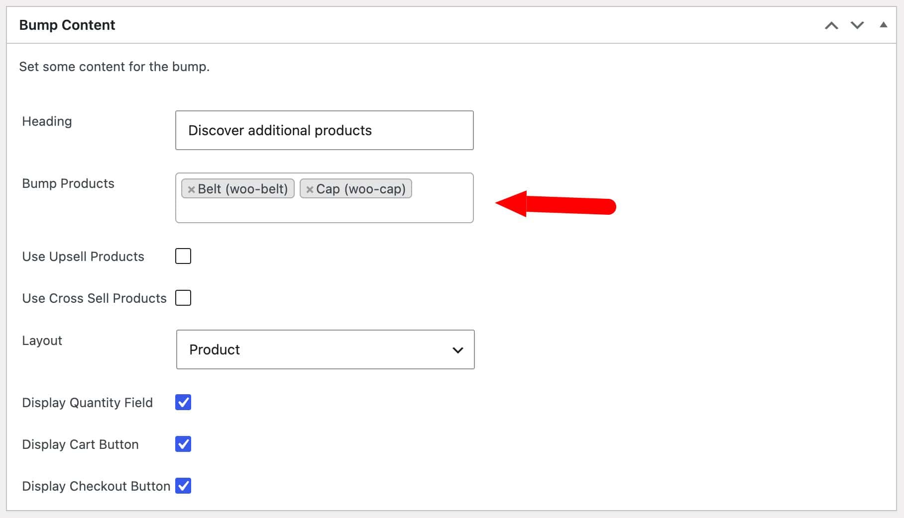 WooCommerce upsells - define products to display in order bump