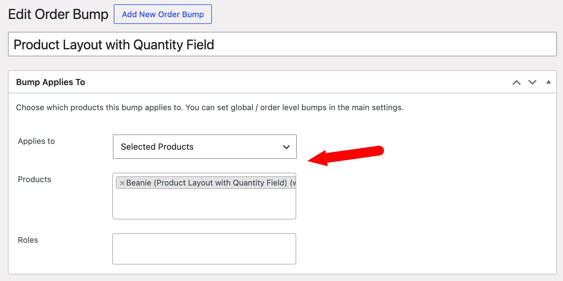 Order Bump settings for WooCommerce upsells