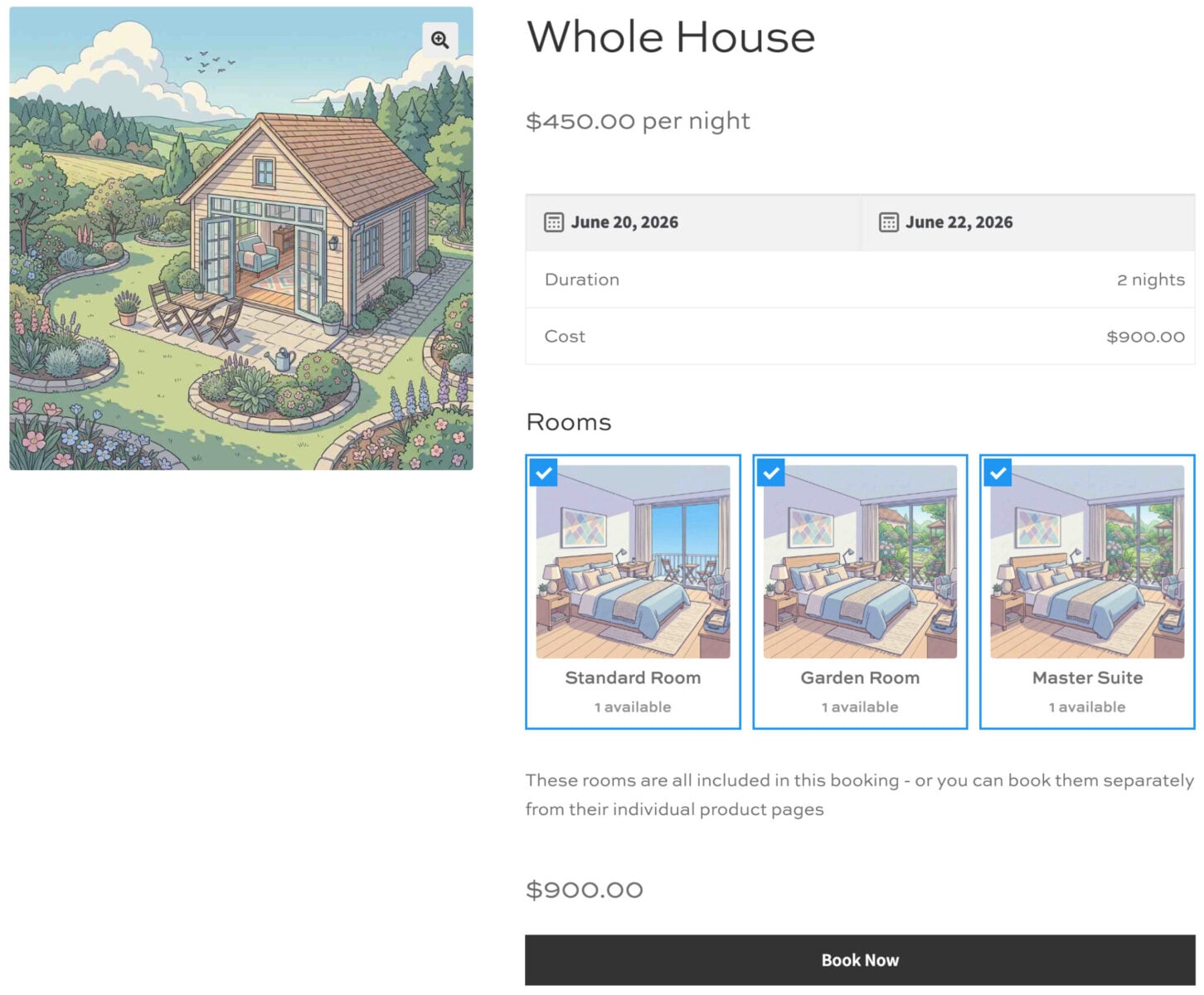 WooCommerce rental bundle - accommodation booking page for whole house product