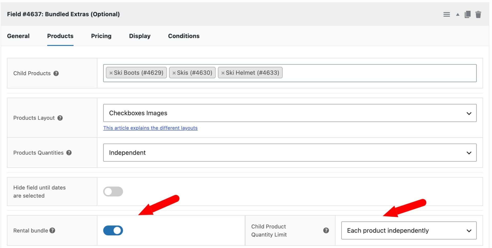 Rental bundle setting with independent child product quantities