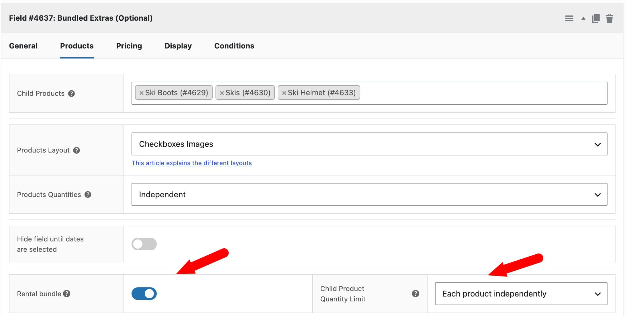 Settings for ski pass bundled rental product
