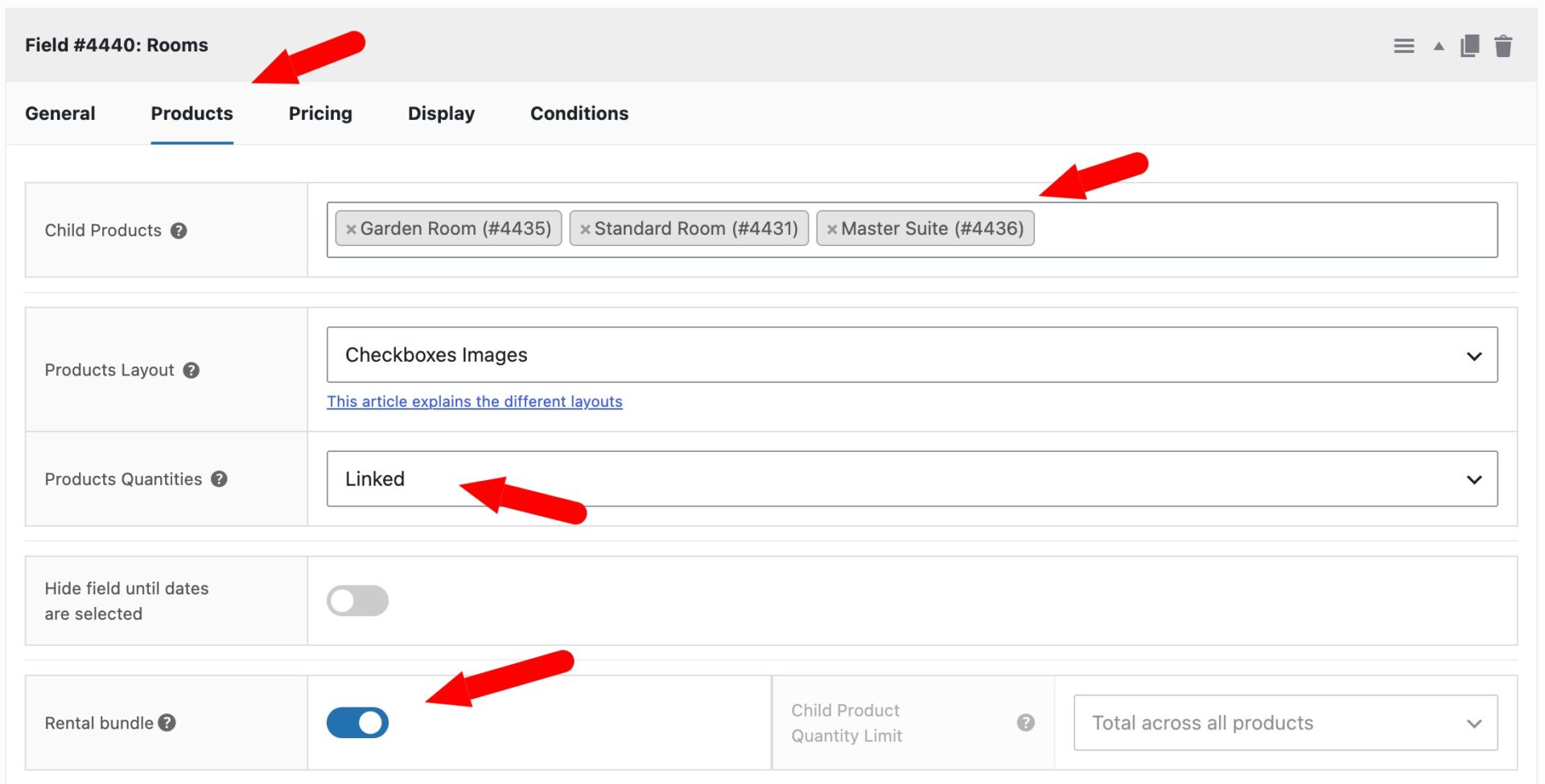 WooCommerce rental bundle setting with linked quantities