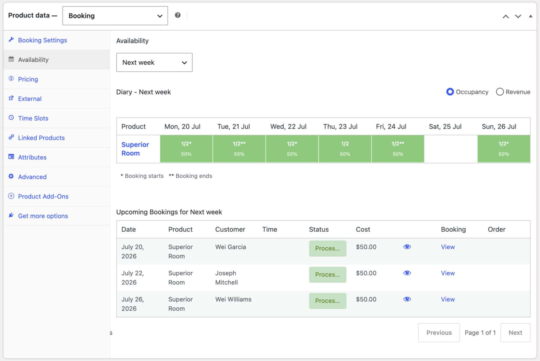 Bookings for WooCommerce availability tab