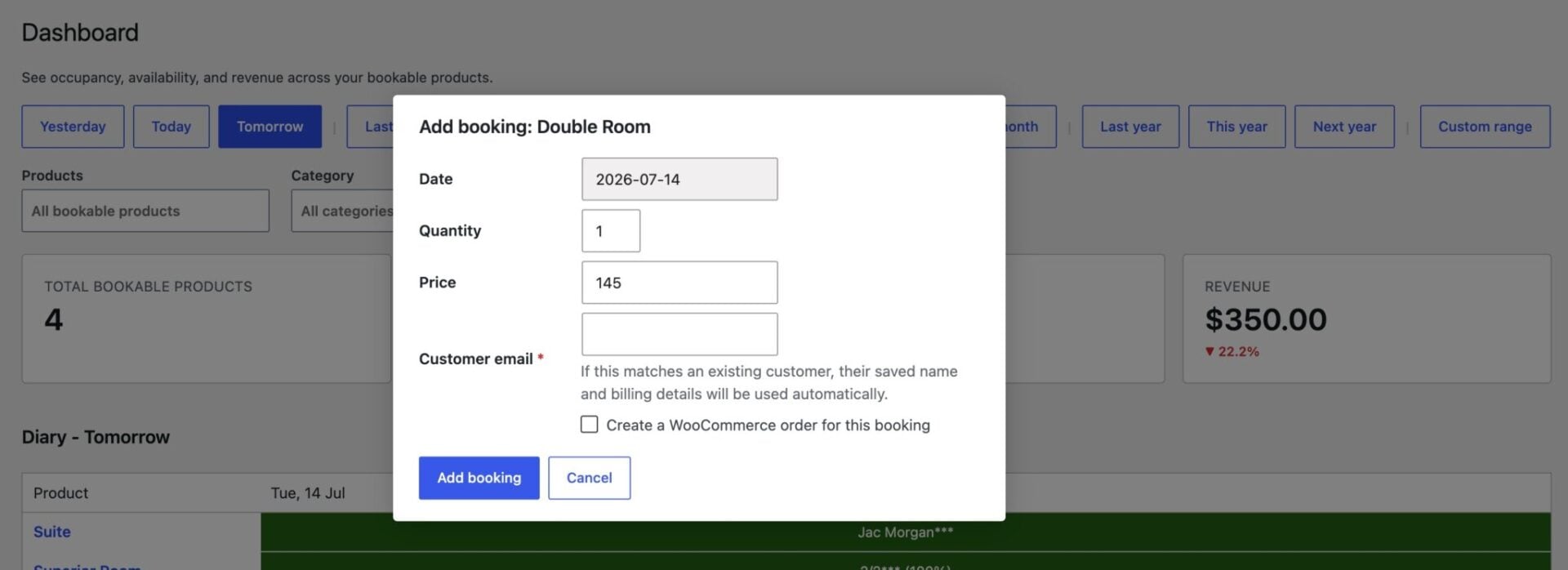 Modal panel for adding new booking directly