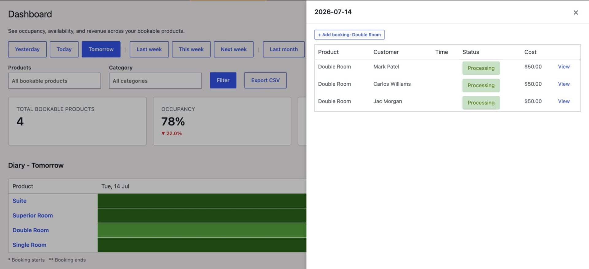 Slide-out panel in bookings dashboard