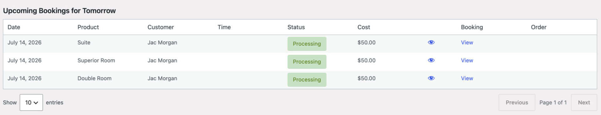 Table showing upcoming bookings for specified dates