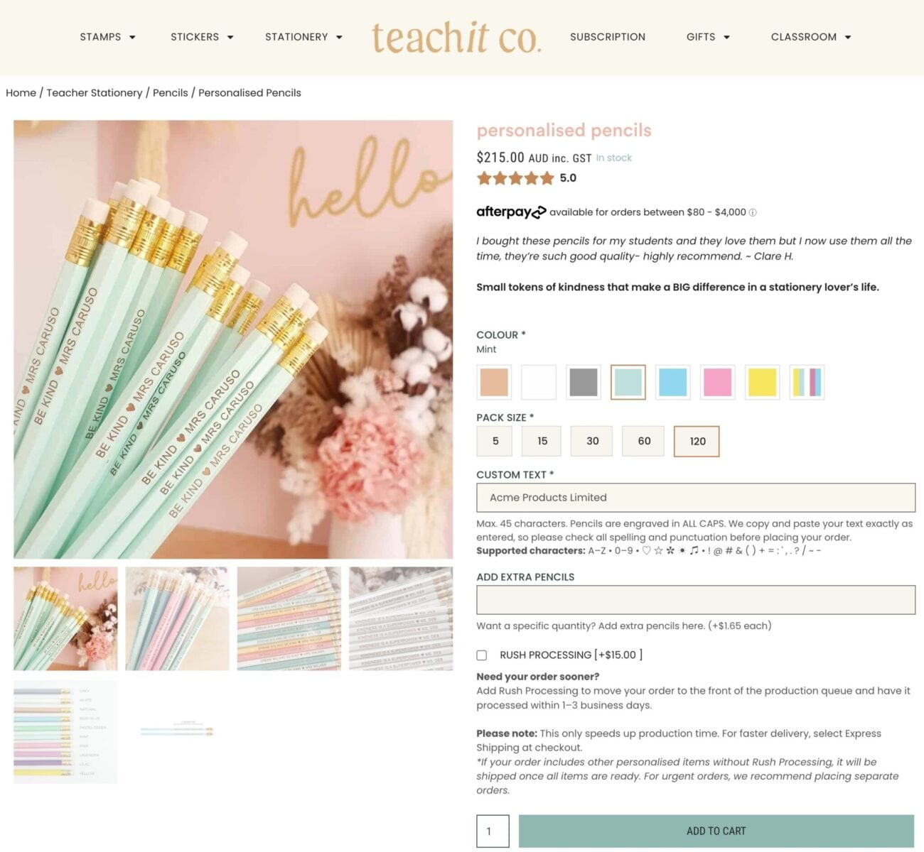 Personalized stationery product page - screenshot
