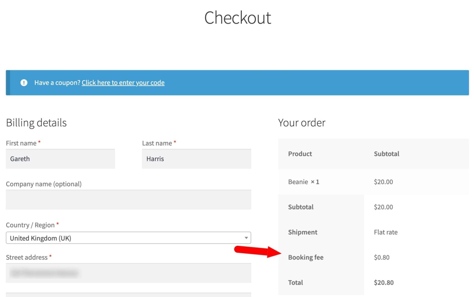 WooCommerce booking fee in checkout
