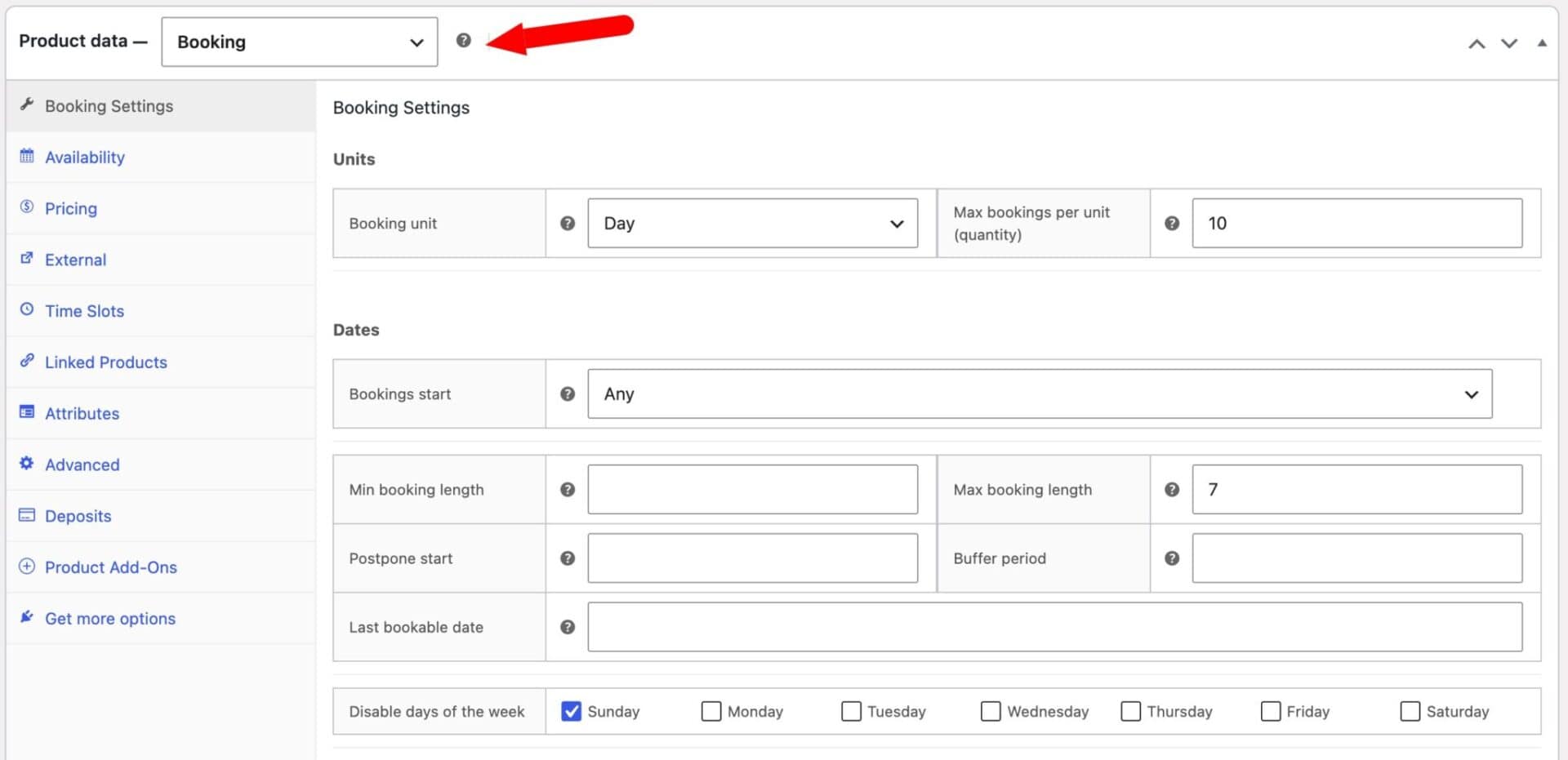 Booking setting in product data field