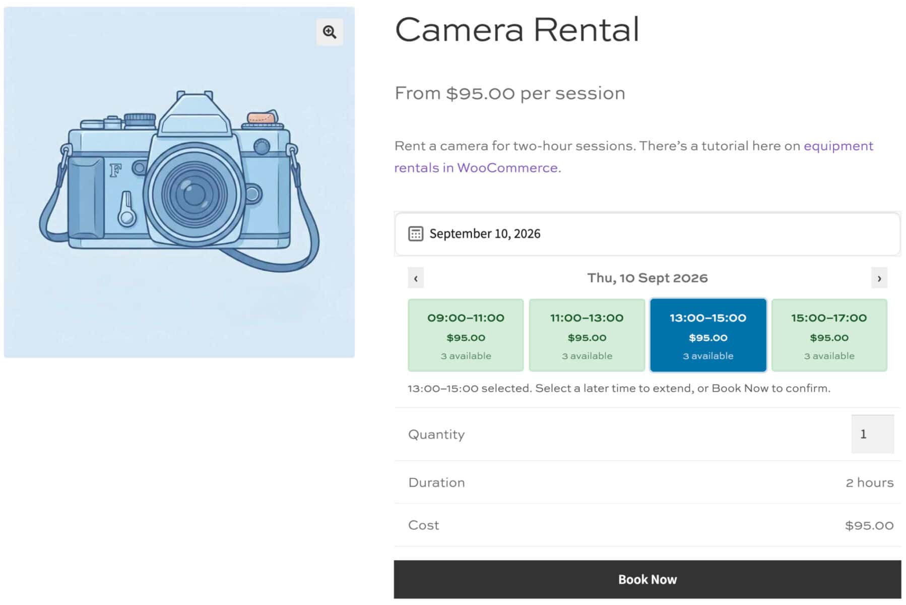 WooCommerce equipment rental - camera hire product page